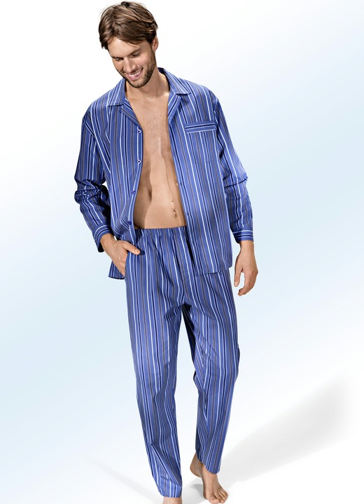 Nachtwäsche - Pyjama, durchgeknöpft, aus Webware mit Streifendessin, in Größe 046 bis 060, in Farbe JEANSBLAU-BUNT Ansicht 1