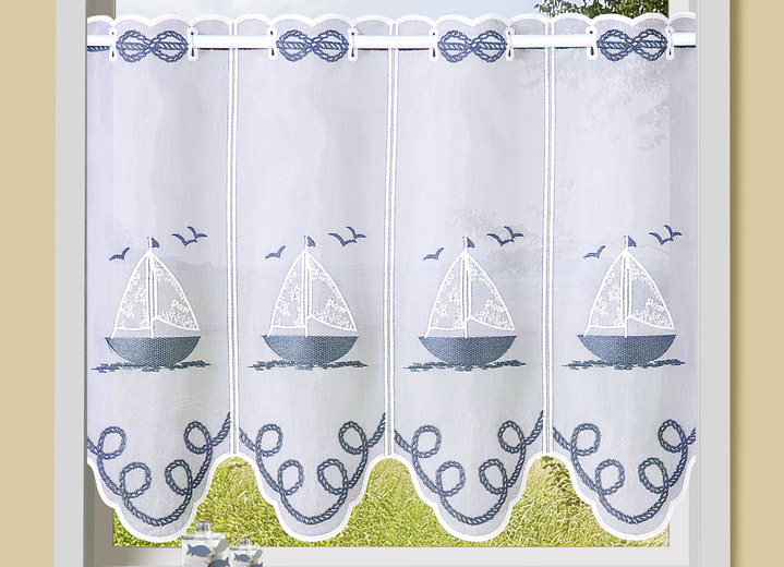 Landhaus & Küche - Kurzvorhang aus besticktem Batist mit Stangendurchzug, in Größe 784 (H45xB 90 cm) bis 859 (H60xB155 cm), in Farbe WEISS-BLAU Ansicht 1