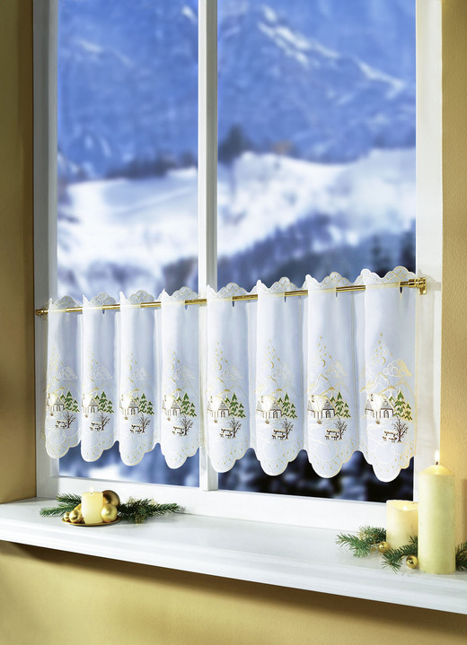 Landhaus & Küche - Kurzvorhang mit herrlichem Weihnachts-Dessin, in Größe 662 (H30xB128 cm) bis 829 (H50xB175 cm), in Farbe WEISS-GRÜN Ansicht 1