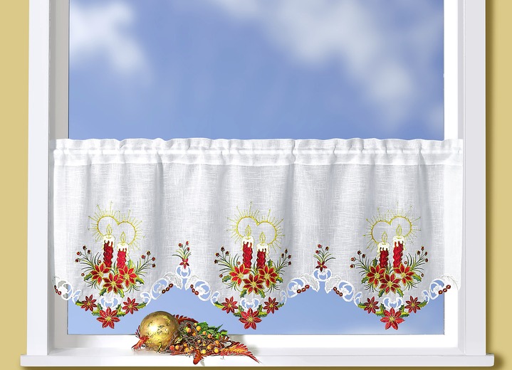 Landhaus & Küche - Kurzvorhang mit Kerzen-Motive, in Größe 662 (H30xB120 cm) bis 827 (H50xB120 cm), in Farbe WEISS-ROT Ansicht 1