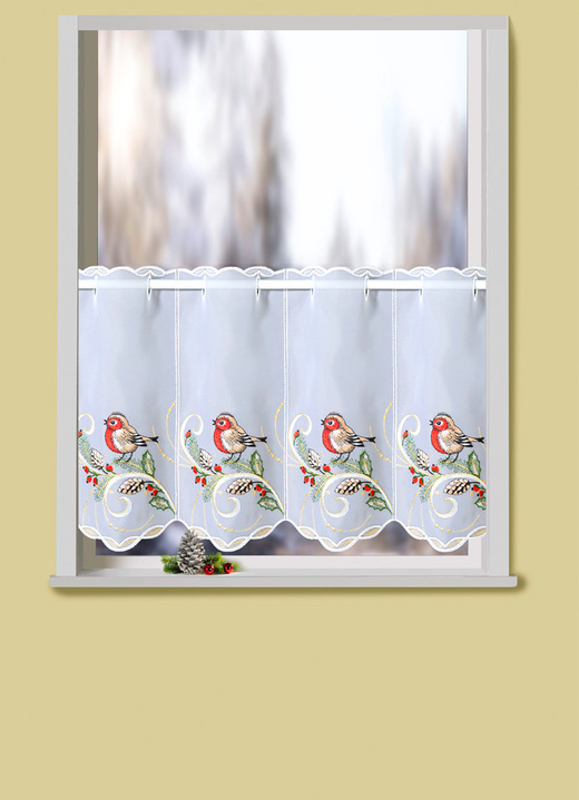 Landhaus & Küche - Kurzvorhang mit echter Plauener Stickerei und Stangendurchzug, in Größe 822 (H35xB 80 cm) bis 862 (H55xB144 cm), in Farbe WEISS-BUNT Ansicht 1
