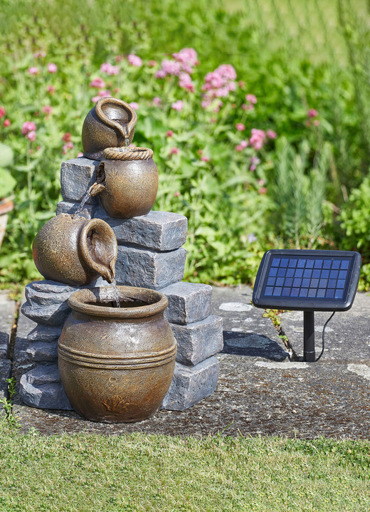 Garten - Solarbrunnen Töpfe mit Hybrid-Power (Solar + Akku), in Farbe GRAU-BRAUN