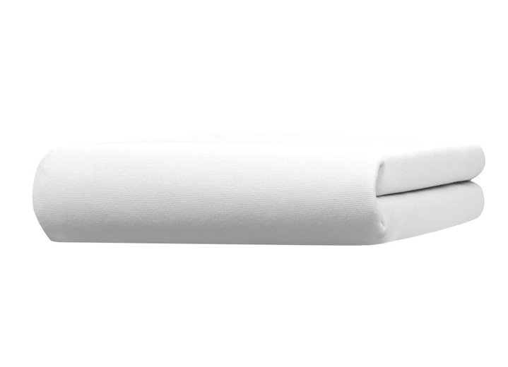 Spannbetttücher - Edel-Jersey-Spannbetttuch mit Elasthan, in Größe 133 (1x 90–120/190–220 cm, Matratzenhöhe 18–35 cm) bis 938 (1x 180–200/200–220 cm, für Topperhöhe 4–10 cm), in Farbe WEISS, in Ausführung Edel-Jersey-Stretch Deluxe Ansicht 1
