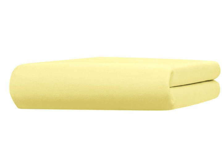Spannbetttücher - Edel-Jersey-Spannbetttuch mit Elasthan, in Größe 133 (1x 90–120/190–220 cm, Matratzenhöhe 18–35 cm) bis 938 (1x 180–200/200–220 cm, für Topperhöhe 4–10 cm), in Farbe WEIZENGELB, in Ausführung Edel-Jersey-Stretch Deluxe Ansicht 1