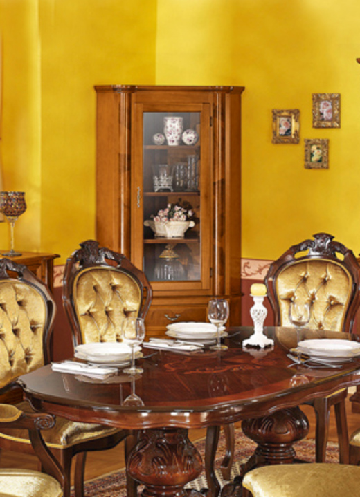 Esszimmer - Esszimmer-Möbel mit Wurzelholzfurnier, in Farbe KIRSCHBAUM, in Ausführung Eck-Vitrine Ansicht 1