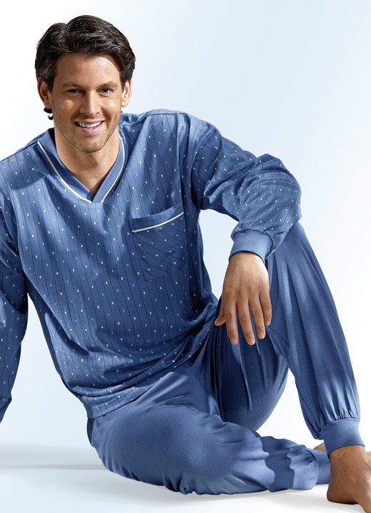 Nachtwäsche - Pyjama mit V-Ausschnitt und Bündchen, in Größe 046 bis 066, in Farbe INDIGOBLAU Ansicht 1