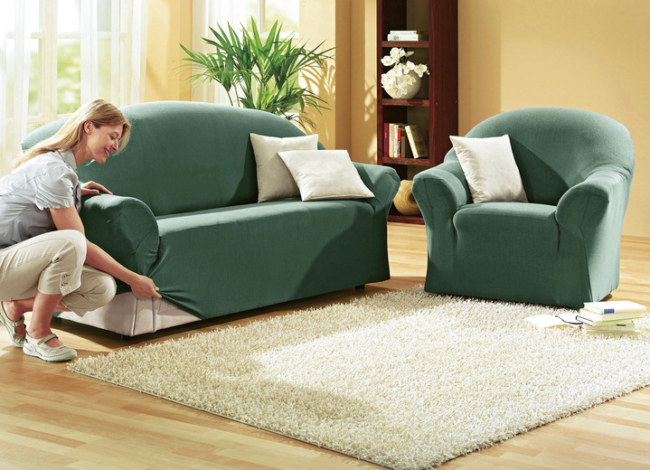 Sessel- & Sofaüberwürfe - Leicht melierte Stretchbezüge für Sessel und Sofa, in Größe 101 (Sessel-Bezug) bis 108 (Hocker-Bezug), in Farbe TANNE Ansicht 1