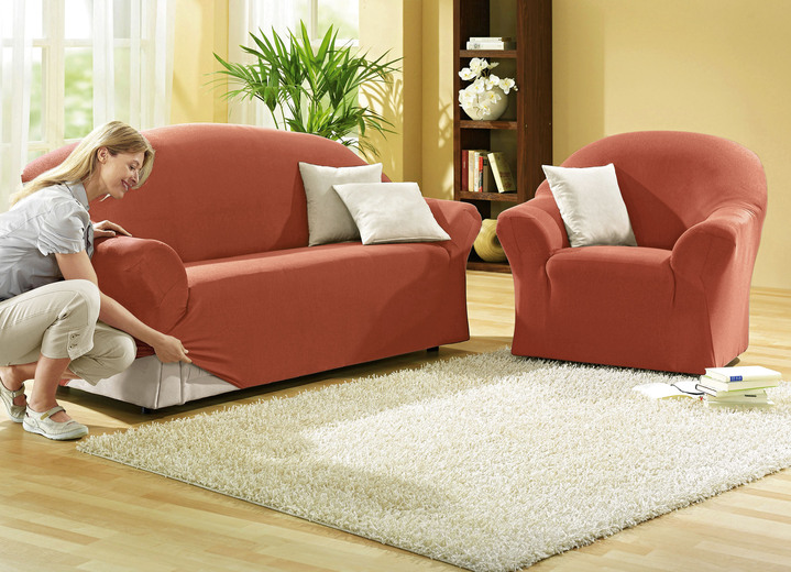 Sessel- & Sofaüberwürfe - Leicht melierte Stretchbezüge für Sessel und Sofa, in Größe 101 (Sessel-Bezug) bis 108 (Hocker-Bezug), in Farbe TERRA Ansicht 1