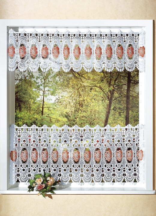 Landhaus & Küche - Bezaubernde Kurzgardine mit Stangendurchzug, in Größe 662 (H30xB125 cm) bis 858 (H65xB200 cm), in Farbe WEISS-ROSÉ Ansicht 1