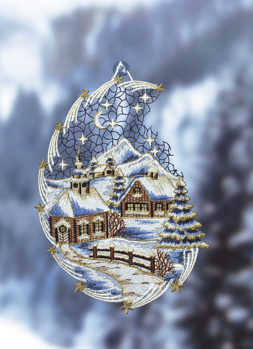 Dekoration - Fensterbild Schnee-Landschaft aus echter Plauener Spitze, in Farbe WEISS-BRAUN