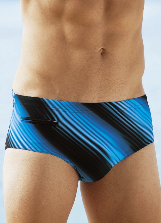 Bademode - Badehose in Slipform mit Reissverschlusstasche, in Größe 004 bis 010, in Farbe BLAU-SCHWARZ