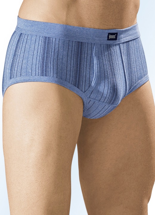Unterwäsche - Fünferpack Slips aus Feinripp mit Eingriff, in Größe 005 bis 014, in Farbe 3X JEANSBLAU MELIERT, 2X HELLGRAU MELIERT