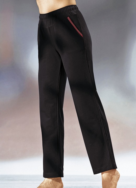 Freizeithosen - Hose mit Glanzgarn besticktem Zierband Freizeithosen - Hose mit Glanzgarn besticktem Zierband, in Größe 018 bis 058, in Farbe SCHWARZ