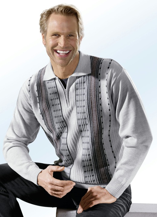 Hemden, Pullover & Shirts - Faszinierender Polopullover mit kurzem Reissverschluss, in Größe 046 bis 062, in Farbe SILBERGRAU MELIERT Ansicht 1