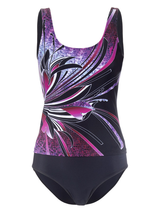 Bademode - Pacific Fashion Tankini mit platziertem Druckdessin und Softschalen, in Größe 038 bis 052, in Cup B, in Farbe SCHWARZ-BEERE Ansicht 1