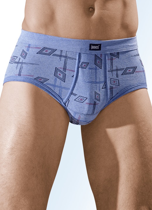 Unterwäsche - Fünferpack Slips aus Feinripp mit Eingriff, in Größe 005 bis 014, in Farbe 3X JEANSBLAU MELIERT-BUNT, 2X HELLGRAU MELIERT-BUNT