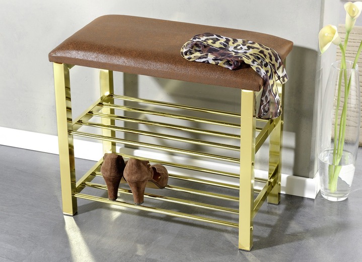 Garderobenmöbel - Schuhregal-Sitzbank aus Metall, in Farbe MESSING-MOKKA, in Ausführung Für 10 Paar Schuhe