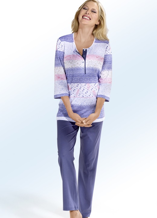 Schlafanzüge & Shortys - Pyjama, 3/4-lange Ärmel mit Knopfleiste, in Größe 036 bis 054, in Farbe WEISS-BLAU Ansicht 1