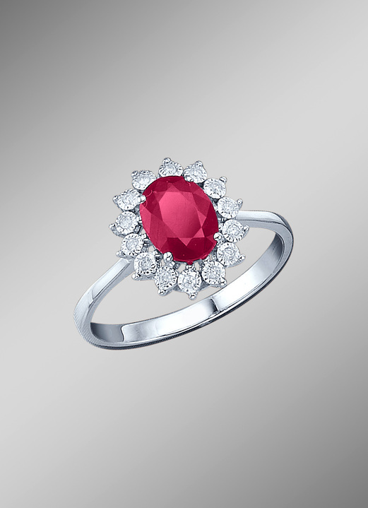 mit Edelsteinen - Majestätischer Damenring mit Diamanten und echt Rubin, in Größe 160 bis 220, in Farbe