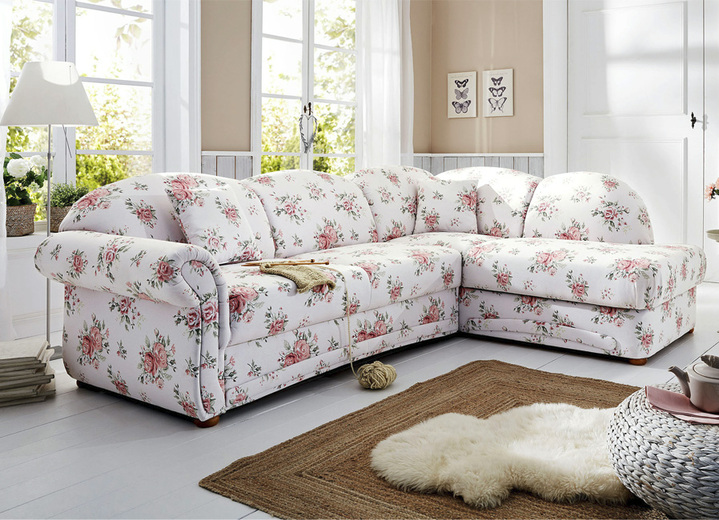 Funktions-Polstermöbel - Polsterecke mit Bettfunktion und Bettkasten, in Farbe WEISS-ROSA Ansicht 1