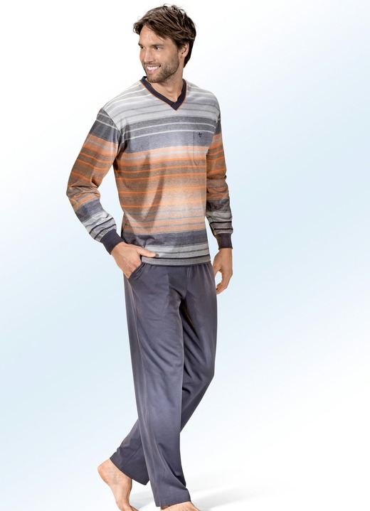 Nachtwäsche - Hajo Klima Komfort Pyjama mit V-Ausschnitt, Brusttasche und garngefärbtem Ringeldessin, in Größe 046 bis 060, in Farbe GRAFIT-BUNT