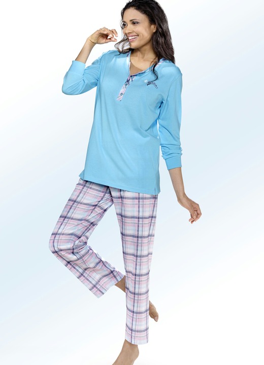 Schlafanzüge & Shortys - Pyjama, Langarm mit Knopfleiste, in Größe 040 bis 056, in Farbe TÜRKIS-BUNT Ansicht 1