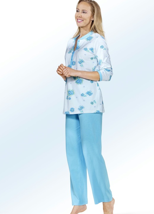 Schlafanzüge & Shortys - Pyjama, Langarm mit Knopfleiste, in Größe 036 bis 056, in Farbe ZARTBLEU-TÜRKIS-BUNT Ansicht 1