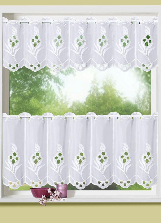 Landhaus & Küche - Kurzvorhang mit echter Plauener Stickerei, in Größe 823 (35x120 cm) bis 834 (50x300 cm), in Farbe WEISS Ansicht 1