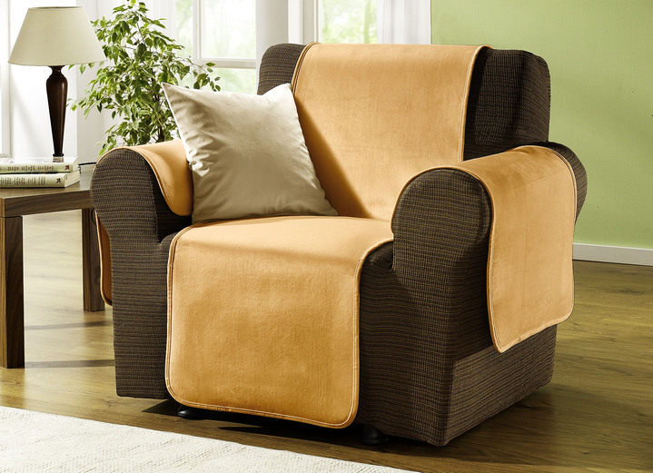 Sessel- & Sofaüberwürfe - Edel und angenehm: Rutschfeste Wohnaccessoires für Sie!, in Größe 101 (Sesselschoner 50x150 cm) bis 905 (2 Kissenbezüge, je 40x 40 cm), in Farbe COGNAC Ansicht 1