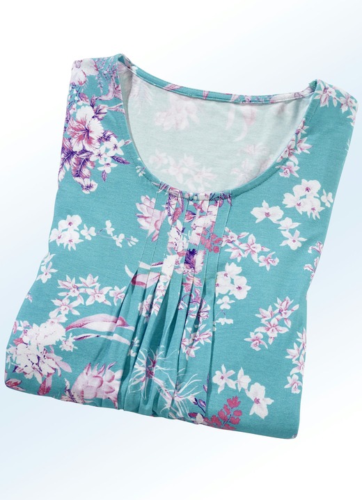 Longshirts - Longshirt mit dezenter Fältelung in 4 Farben Longshirts - Longshirt mit dezenter Fältelung in 4 Farben, in Größe 038 bis 054, in Farbe TÜRKIS-LILA
