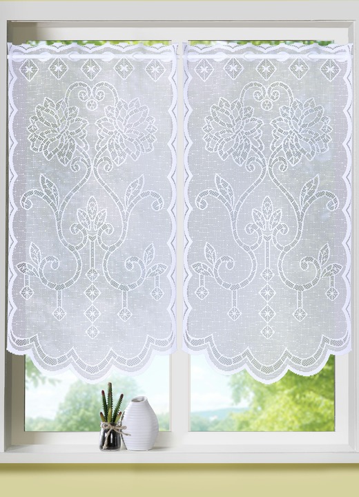 Klassisch - Fenster- und Türbehang mit ausdrucksstarkem Dessin, in Größe 309 (Fensterbehang, 2er-Set, H80xB40 cm) bis 349 (Türbehang, H180xB90 cm), in Farbe WEISS Ansicht 1