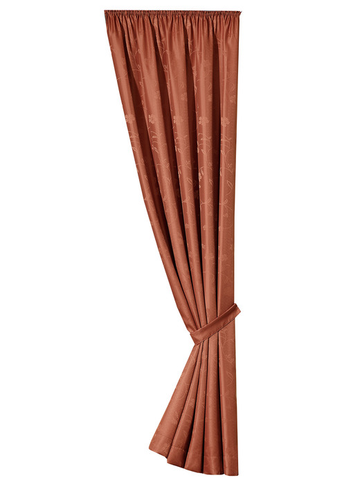 Klassisch - Exquisiter Einzelschal mit edlem Glanz, in Größe 364 (H150xB132 cm) bis 899 (2er-Pack Raffhalter, ca. 60 cm), in Farbe TERRA Ansicht 1