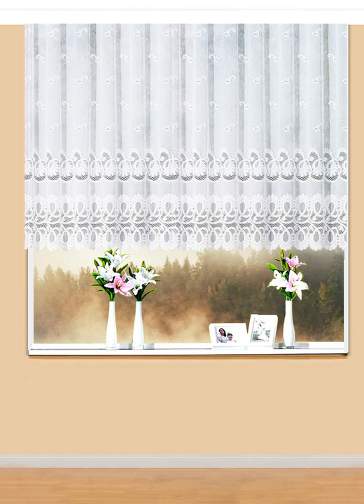Klassisch - Blumenfenster-Vorhang mit Automatikfaltenband, in Größe 140 (H120xB300 cm) bis 181 (H175xB600 cm), in Farbe WEISS Ansicht 1