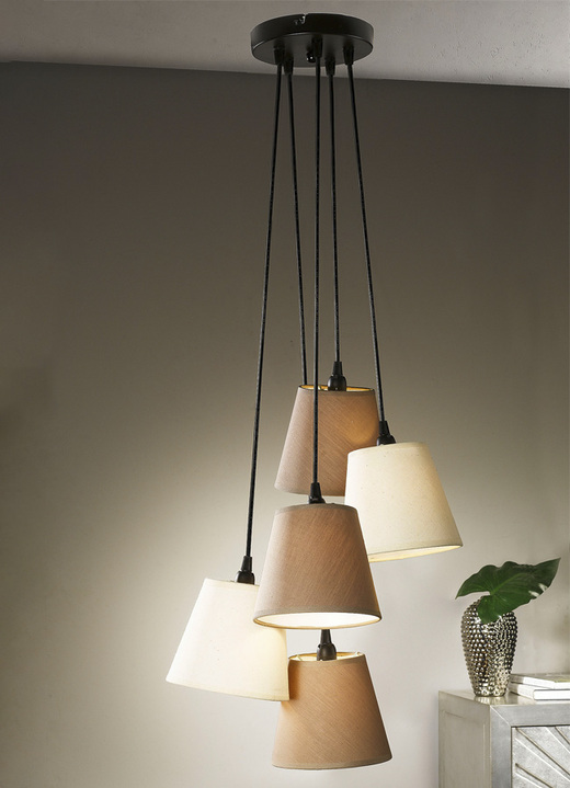 Lampen & Leuchten - Pendellampe, 5-flammig, aus Metall mit Stoffschirmen, in Farbe BRAUN-BEIGE