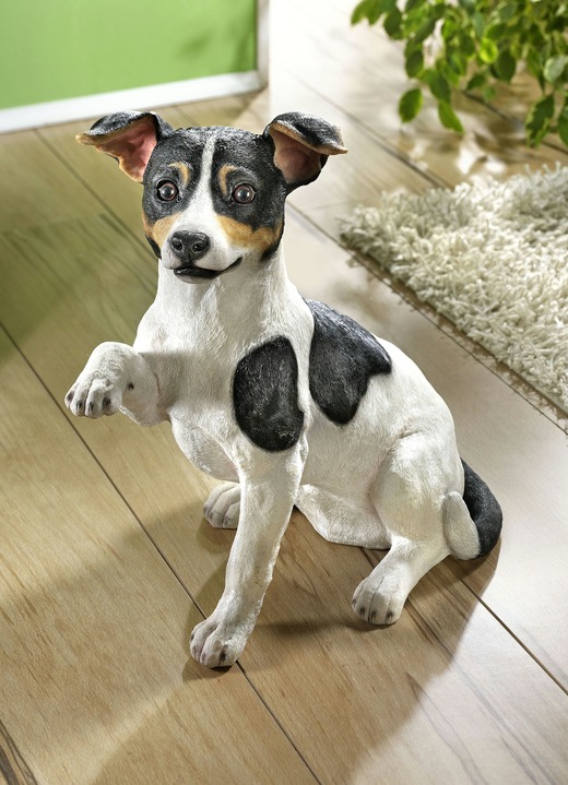 Figuren - Jack Russel aus Polyresin, von Hand bemalt, in Farbe WEISS-SCHWARZ-BRAUN