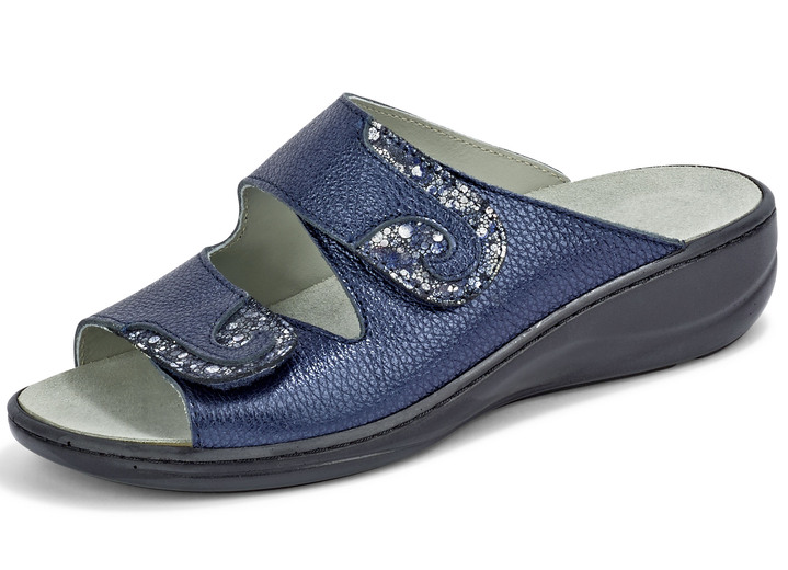 Komfortschuhe - Mubb, bequeme Damen-Pantoletten, Weite H, mit herausnehmbarem Fussbett, in Größe 036 bis 042, in Farbe STAHLBLAU Ansicht 1