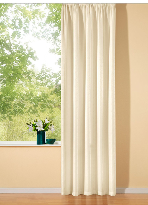 - Übervorhang mit Universalschienenband, in Größe 364 (H150xB132 cm) bis 899 (2er-Pack Raffhalter, 60 cm), in Farbe CREME Ansicht 1