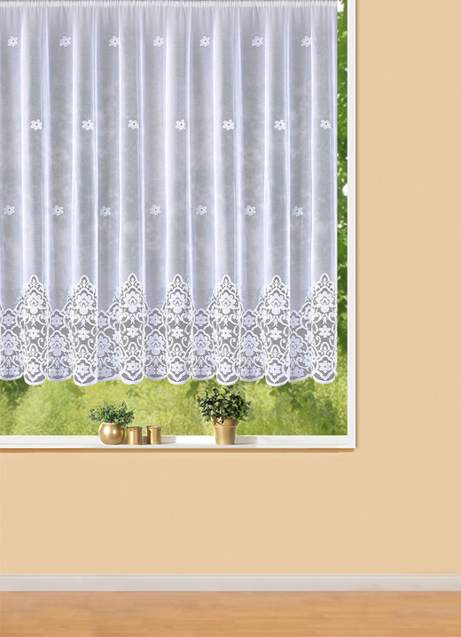 - Herrlicher Blumenfenster-Vorhang mit Universalschienenband, in Größe 163 (H145xB450 cm) bis 176 (H175xB300 cm), in Farbe WEISS Ansicht 1