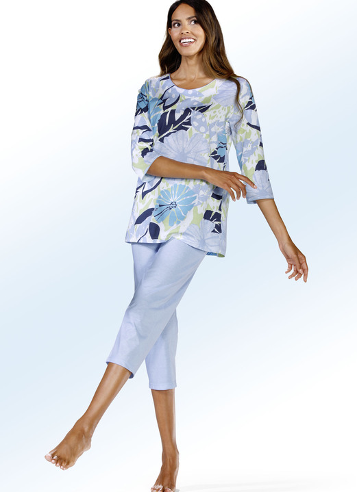 Schlafanzüge & Shortys - Pyjama mit Rundhals und 3/4-langen Ärmeln, in Größe 036 bis 050, in Farbe ZARTBLAU-WEISS