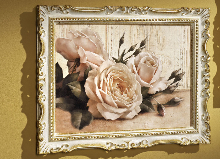 - Bild Rosen mit edlem Holzrahmen, in Farbe WEISS/GOLD, in Ausführung nach rechts zeigende Rosen Ansicht 1
