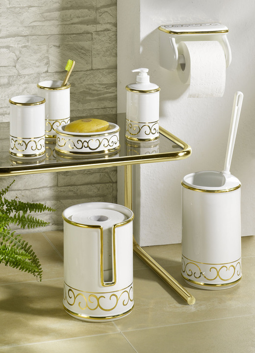 Accessoires - Handbemalte Badezimmeraccessoires aus glasierter Keramik, in Farbe CREME-GOLD, in Ausführung WC-Garnitur