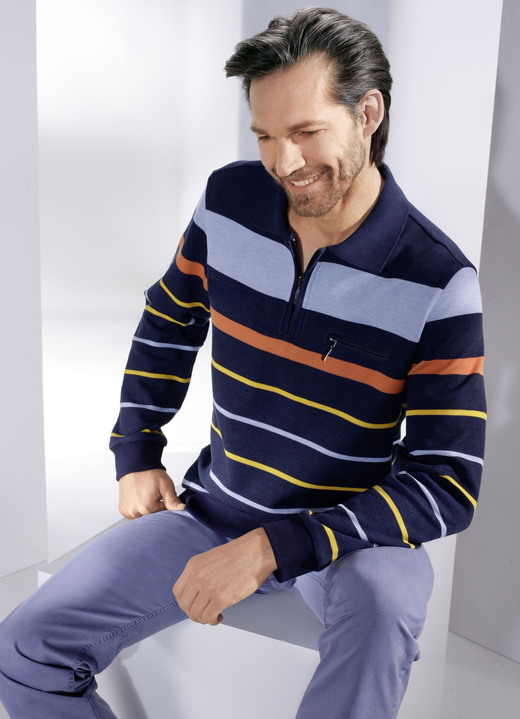 Hemden, Pullover & Shirts - Poloshirt mit kurzem Reissverschluss, in Größe 046 bis 062, in Farbe MARINE-BUNT
