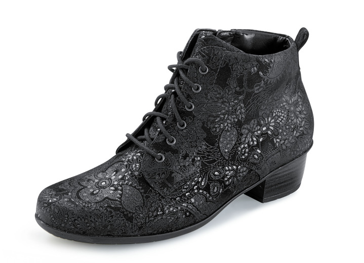 Komfortschuhe - Waldläufer Schnür-Stiefelette mit floraler Prägung Komfortschuhe - Waldläufer Schnür-Stiefelette mit floraler Prägung, in Größe 4 1/2 bis 9, in Farbe SCHWARZ