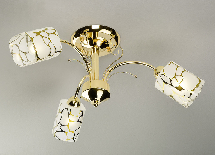 - Deckenlampe mit Gestell aus Metall und Lampenschirmen aus Glas, in Farbe MESSING, in Ausführung 3-flammig