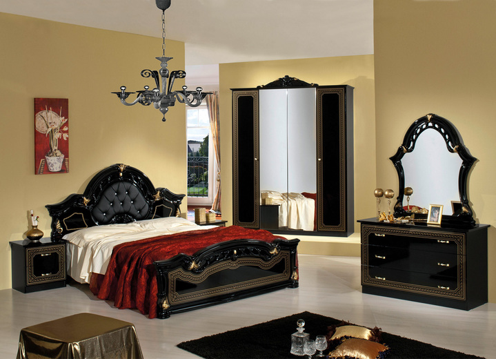 - Schlafzimmerprogramm mit lackierter Hochglanz-Oberfläche, in Farbe SCHWARZ-GOLD, in Ausführung Kleiderschrank, 4-türig Ansicht 1