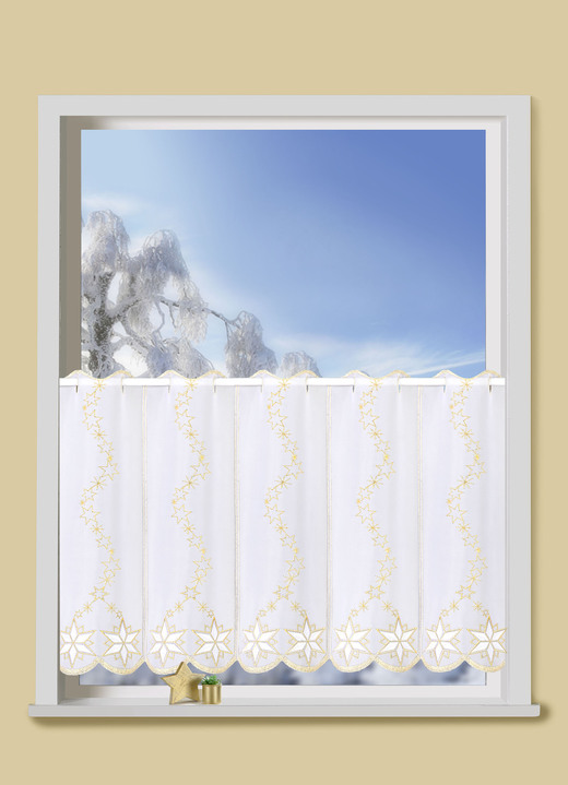 - Lichtdurchlässiger Kurzstore mit Plauener Stickerei, in Größe 825 (H35xB 95 cm) bis 876 (H50xB160 cm), in Farbe WEISS-GOLD