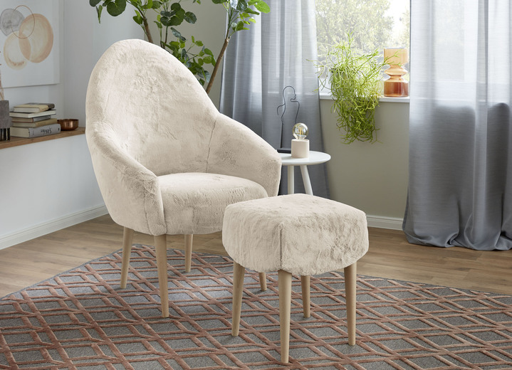 - Sessel mit Hocker mit flauschigem Stoffbezug, in Farbe CREME