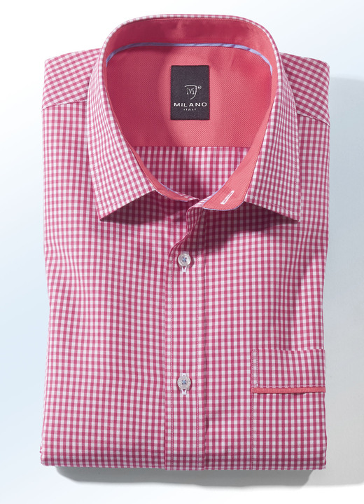 Hemden, Pullover & Shirts - «Milano Italy»- Hemd in Kurz-und Langarm in 4 Farben, in Größe 038 bis 048, in Farbe HELLROT-WEISS Ansicht 1