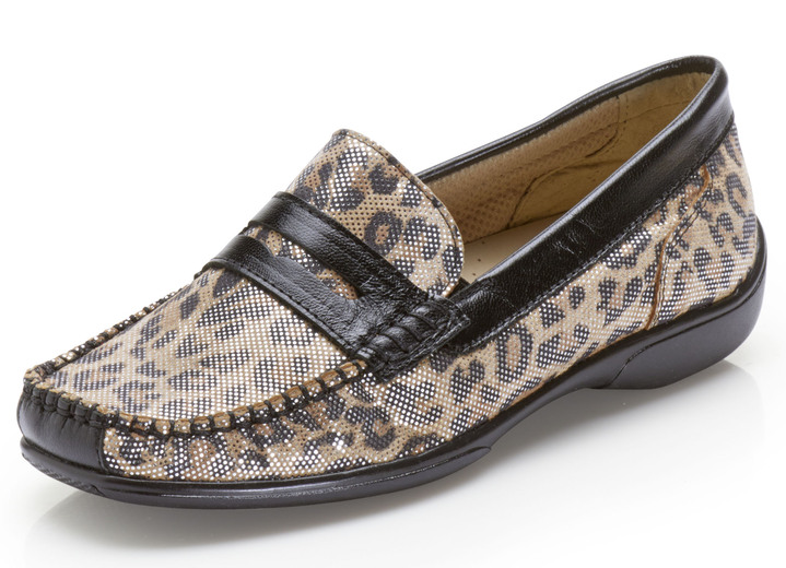 Komfortschuhe - Slipper mit rassigem Leo Print , in Größe 036 bis 038, in Farbe SCHWARZ-CAMEL Ansicht 1