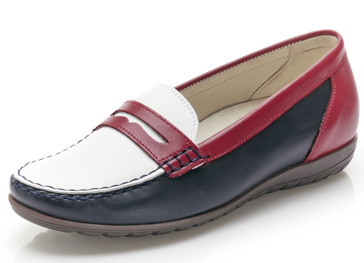- Waldläufer Mokassin-Slipper mit herausnehmbaren Lederfussbett, in Größe 3 1/2 bis 8, in Farbe BLAU-WEISS-ROT Ansicht 1